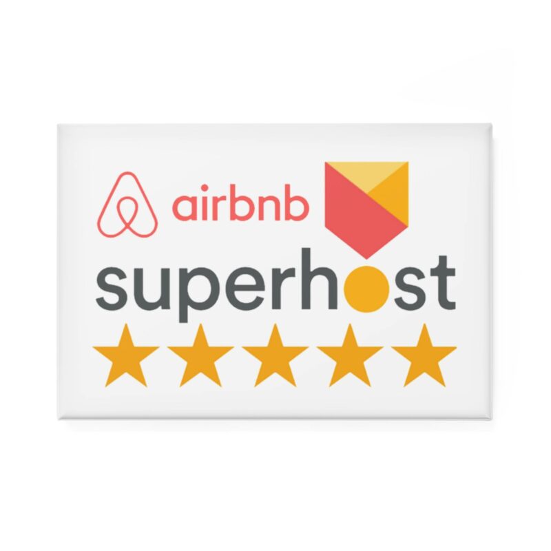 I'm an Airbnb Superhost Button Magnet, featuring a bold logo, the word 'superhost,' and five gold stars below it in a rectangular design (available in 1 & 10 pcs).