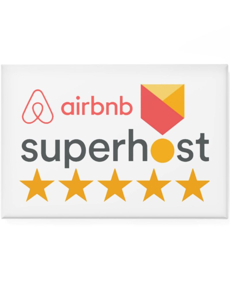 I'm an Airbnb Superhost Button Magnet, Rectangle, featuring the Airbnb logo above the word 'superhost' with five gold stars below.