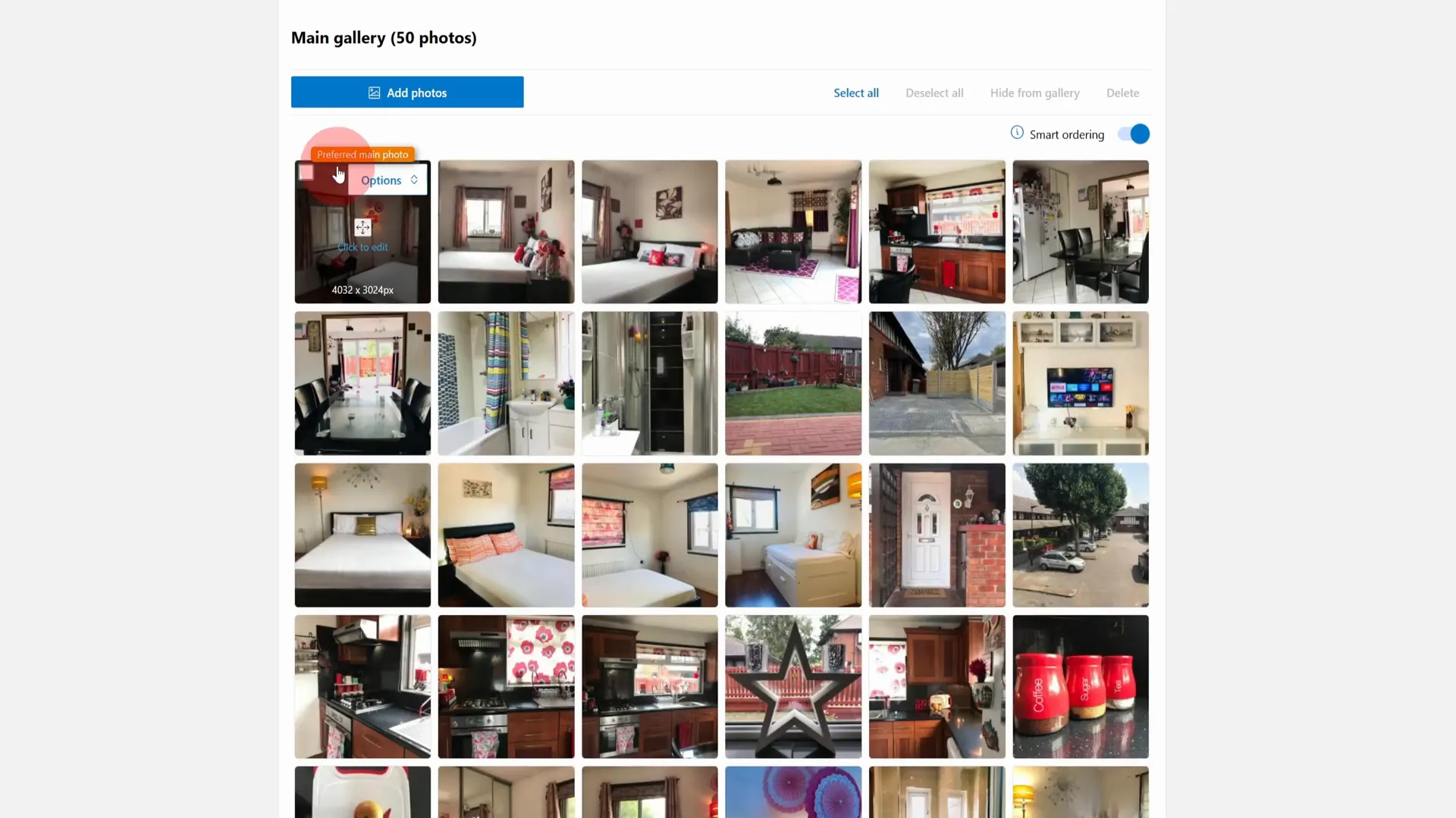 Hovering over a photo in Booking.com extranet showing the options menu