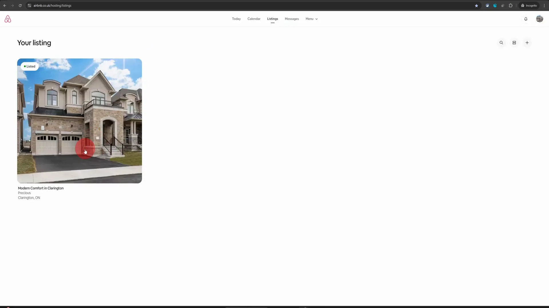 Listings menu on Airbnb
