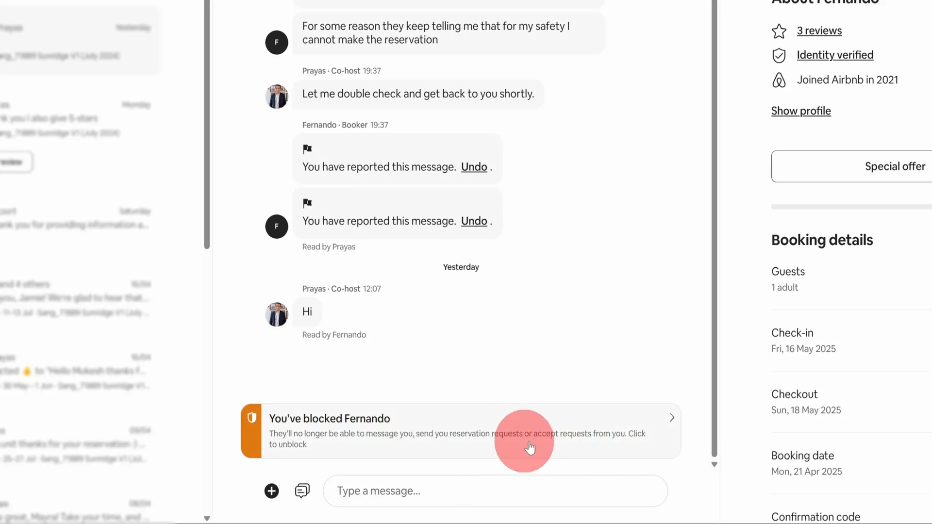 Confirmation message after blocking a user