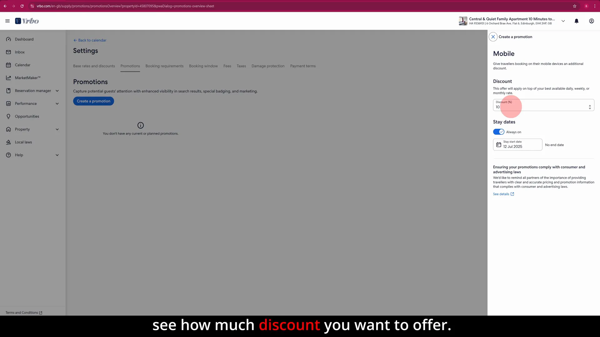 Setting mobile-only discount percentage in VRBO