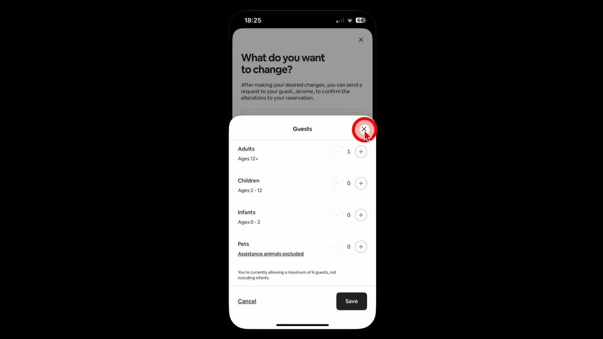 Changing the guest count in the Airbnb app