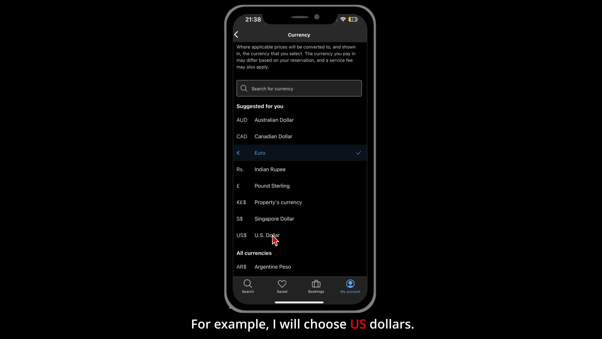 Selecting US dollars as preferred currency