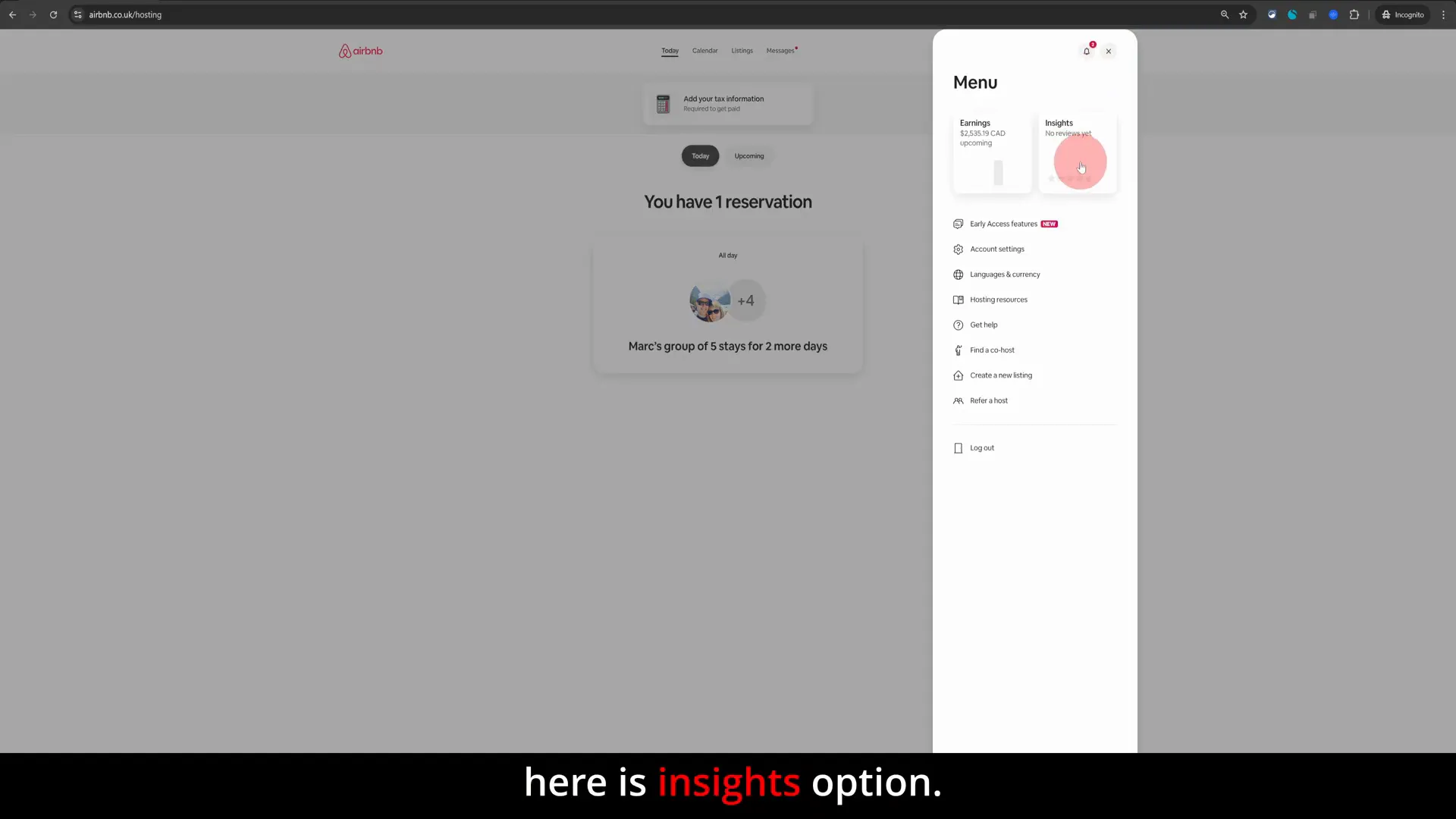 Hosting dashboard with hosting menu icon and Insights option highlighted