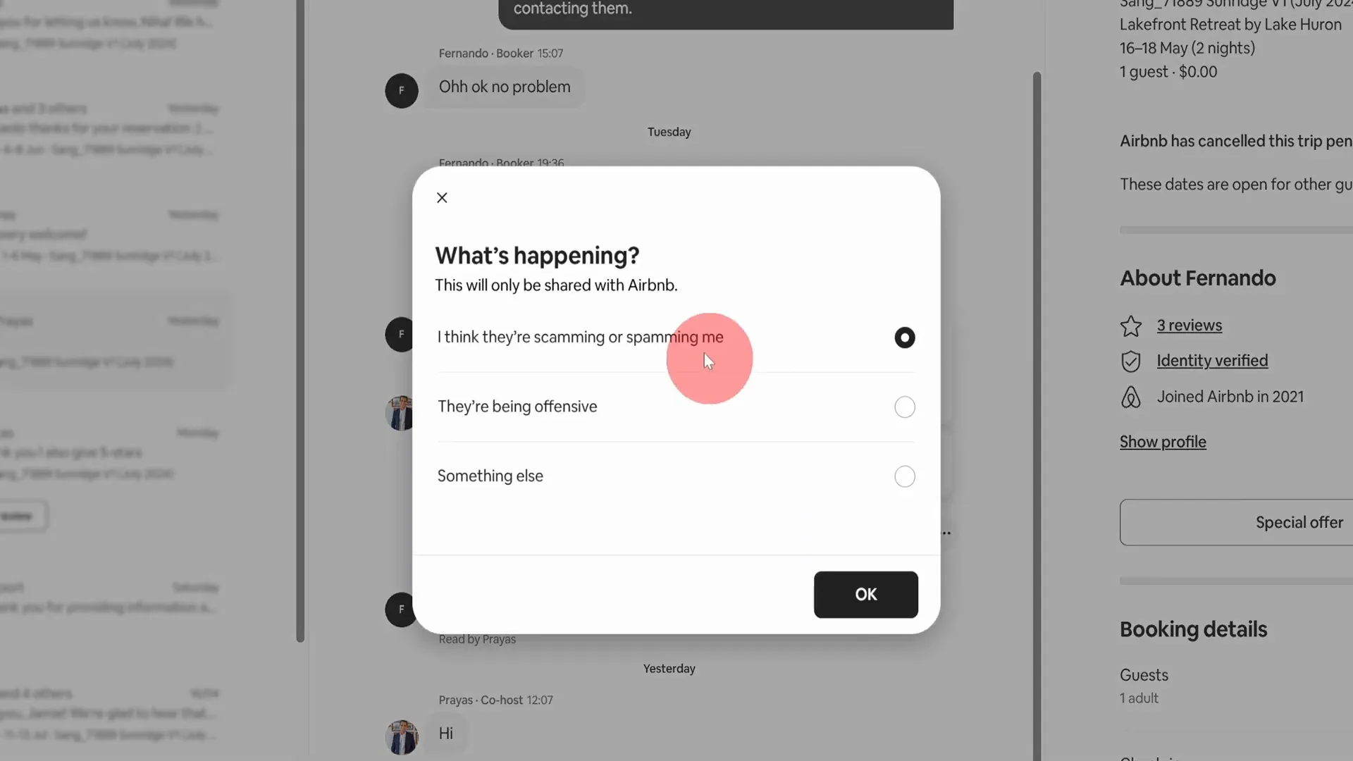 Reporting a message on Airbnb