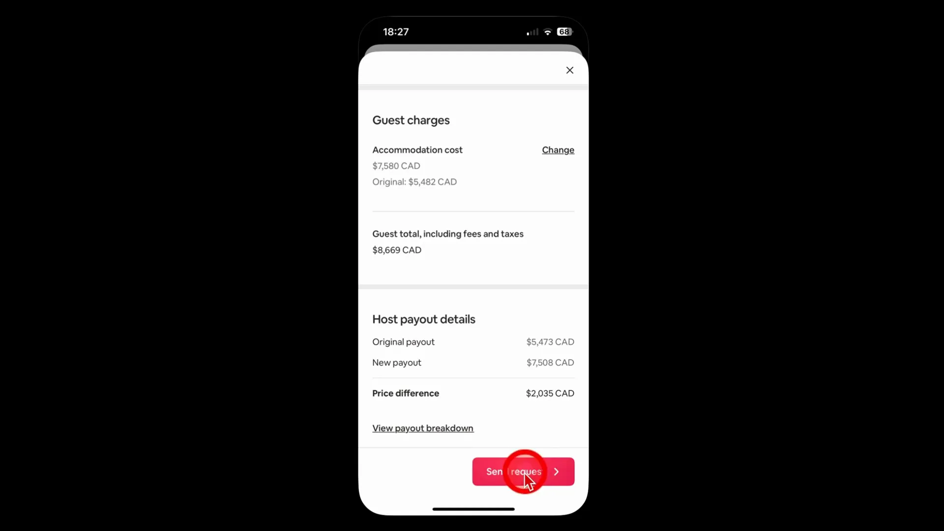 Sending the request to the guest in the Airbnb app