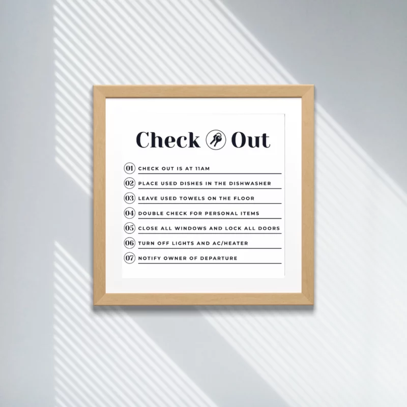 Airbnb Hosting A framed Airbnb Check Out Sign Template designed specifically for Airbnb Hosting.