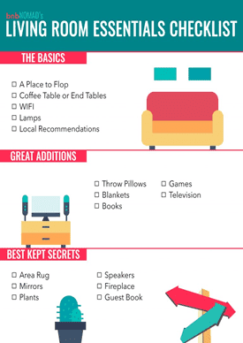 Airbnb Hosting Learn Airbnb essentials checklist for a living room.