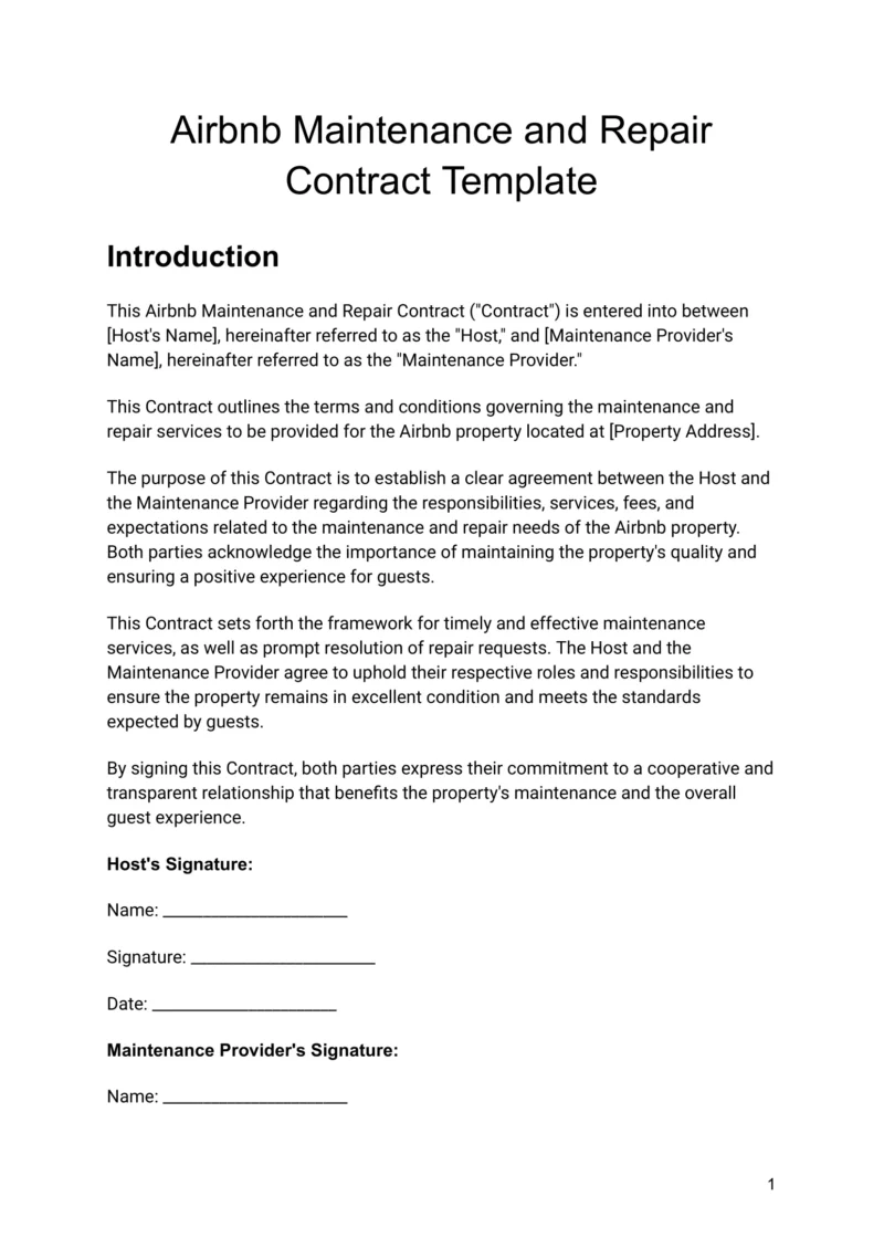 Airbnb Hosting An airplane Short-Term Rental Airbnb VRBO maintenance and repair contract template designed for airbnb hosting.