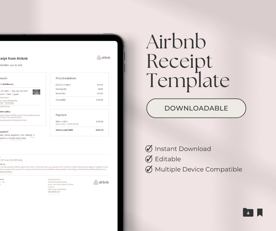 Airbnb Receipt Template Ready to Edit Editable MS Word Format