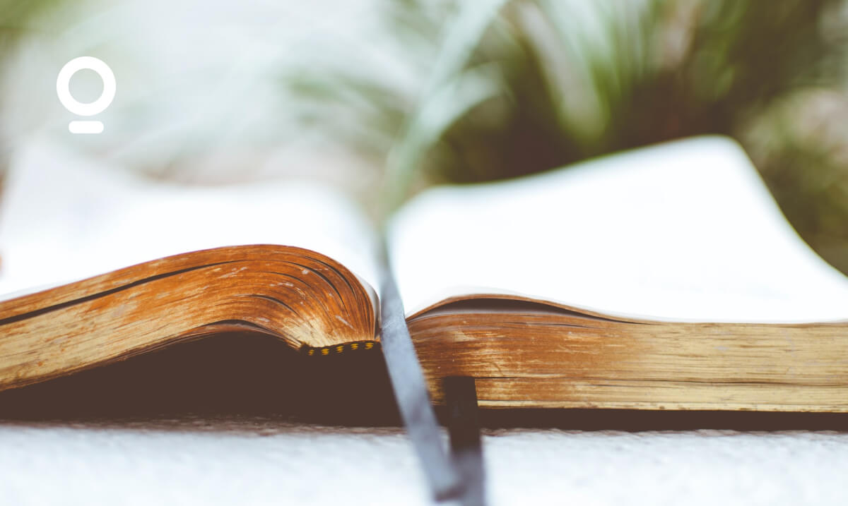 An open book with a wooden spine on a white surface, a black ribbon bookmark lies in the center, and blurred green foliage in the background.