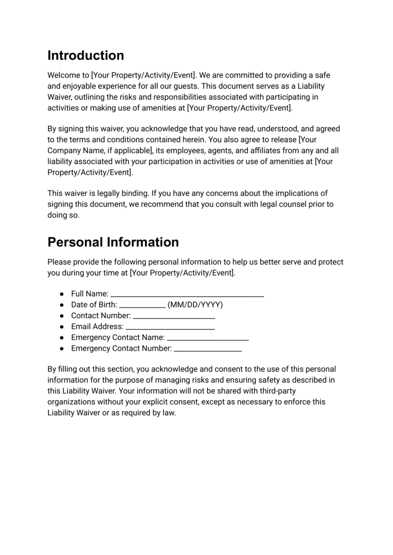 Airbnb Liability Waiver Template Downloadable