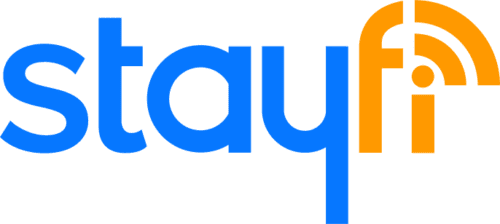 StayFi logo features the name in blue and orange letters with a WiFi signal design incorporated into the 'F'.