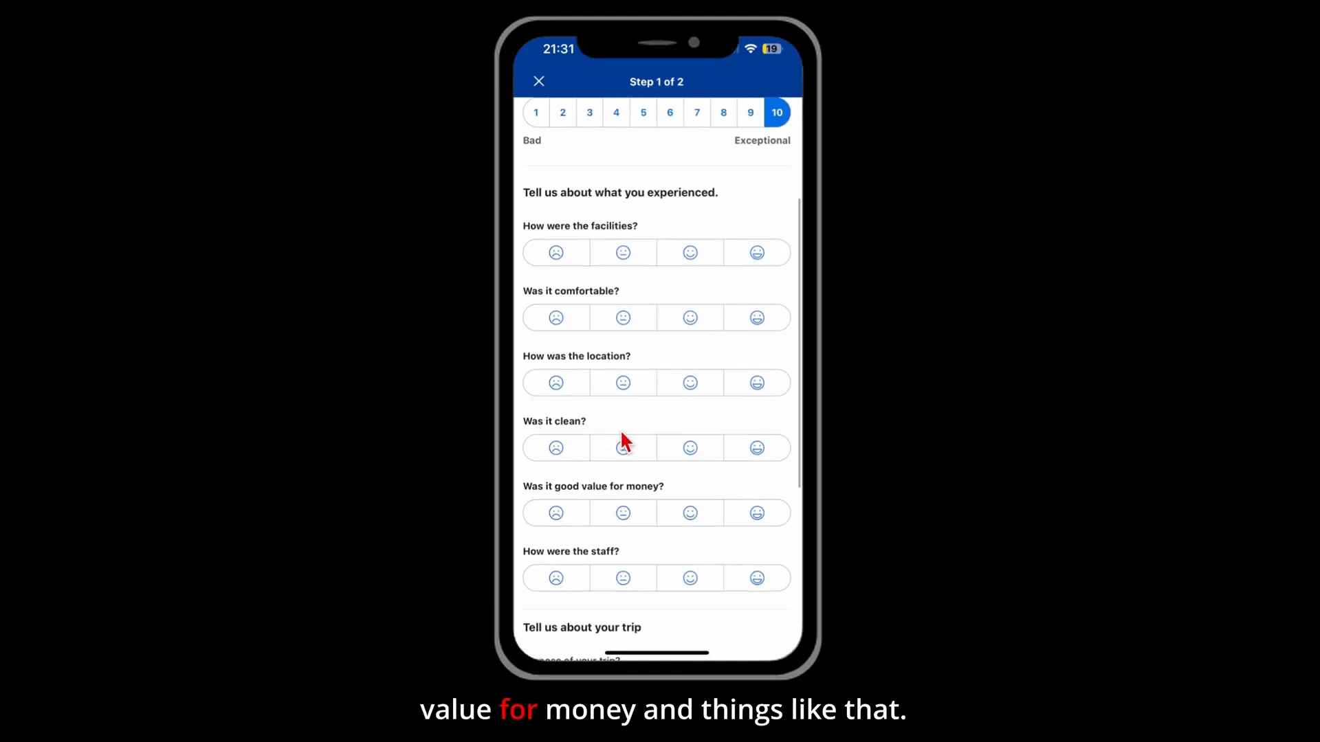 Booking.com review interface showing detailed rating categories