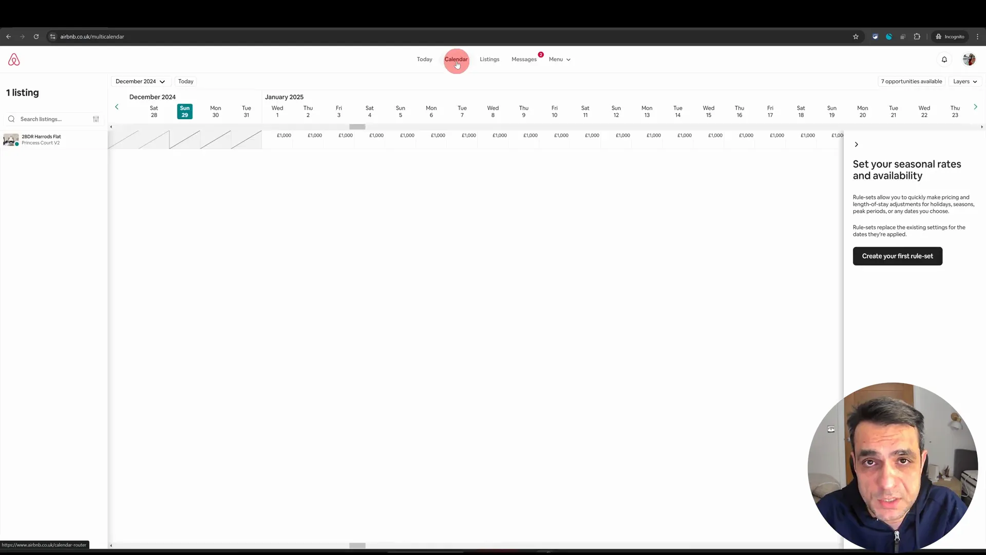 Screenshot of a calendar and booking interface with dates and a listing on the left. The screen shows a prompt to set seasonal rates. An inset circular video of a person is at the bottom right.