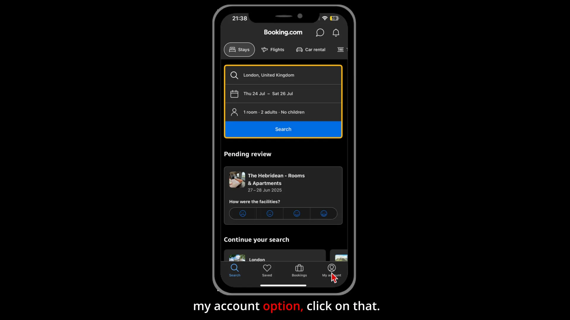 Booking.com app my account option