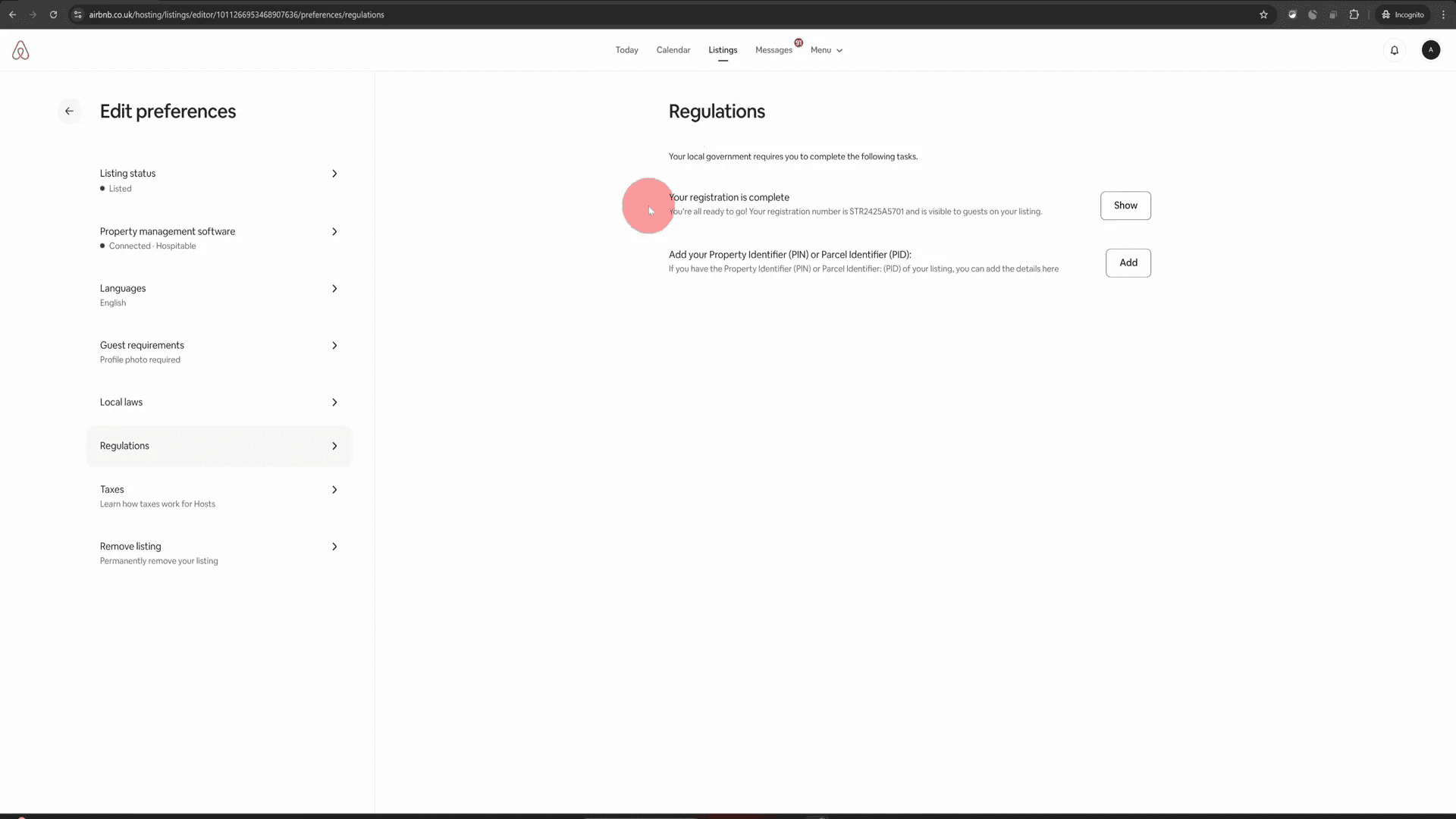 Regulations option in settings