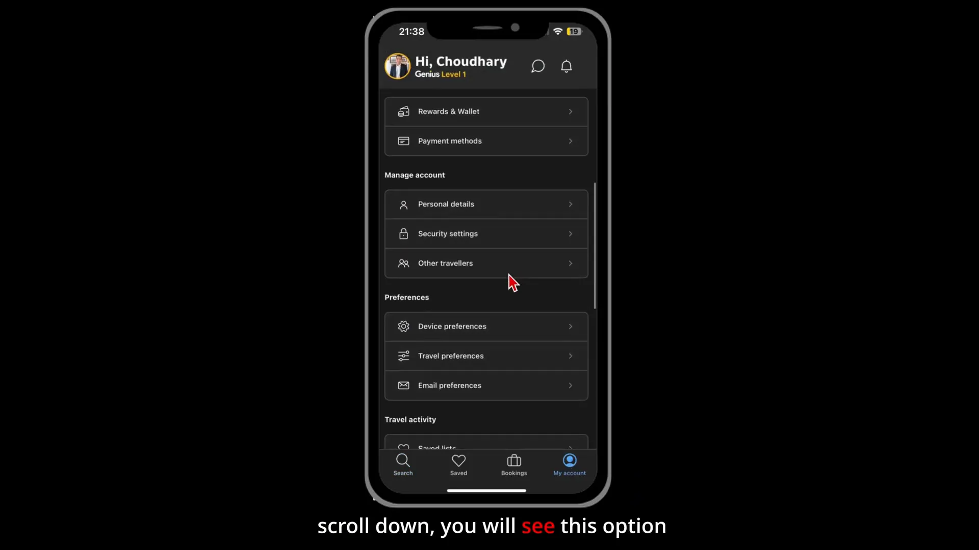 Device preferences option in Booking.com app