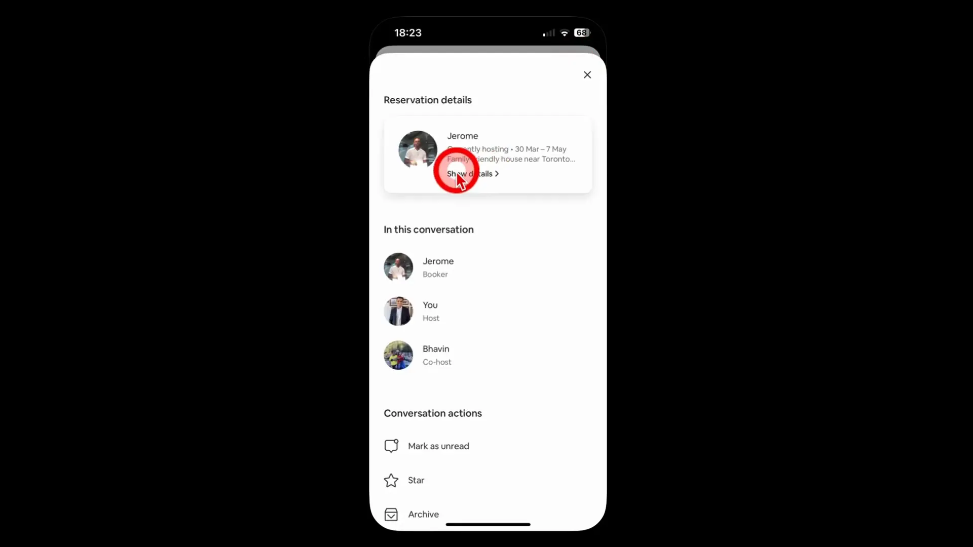 Clicking on the details option in the Airbnb app