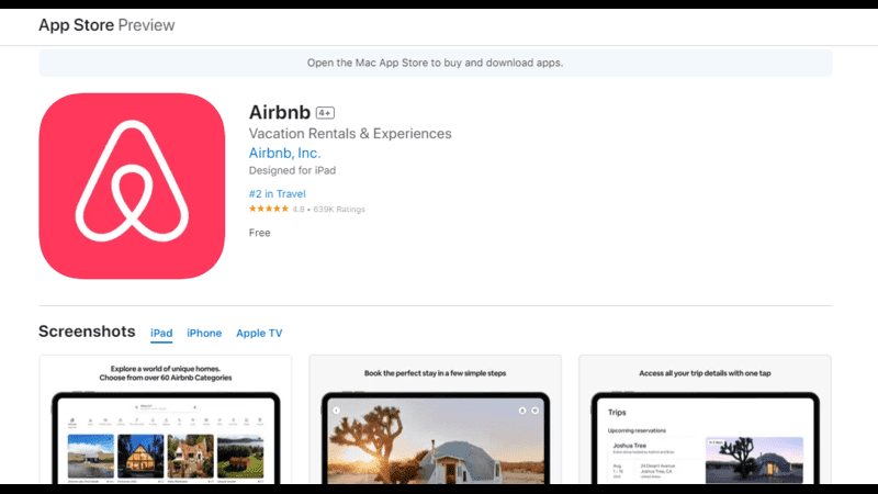 Airbnb Hosting Screenshot of the Airbnb app page on the App Store. The app icon is pink with a white logo. Below, it shows a 4.8-star rating and screenshots of the Airbnb app in use on an iPad. The seamless integration minimizes glitches whether you're using MacOS or iOS devices.