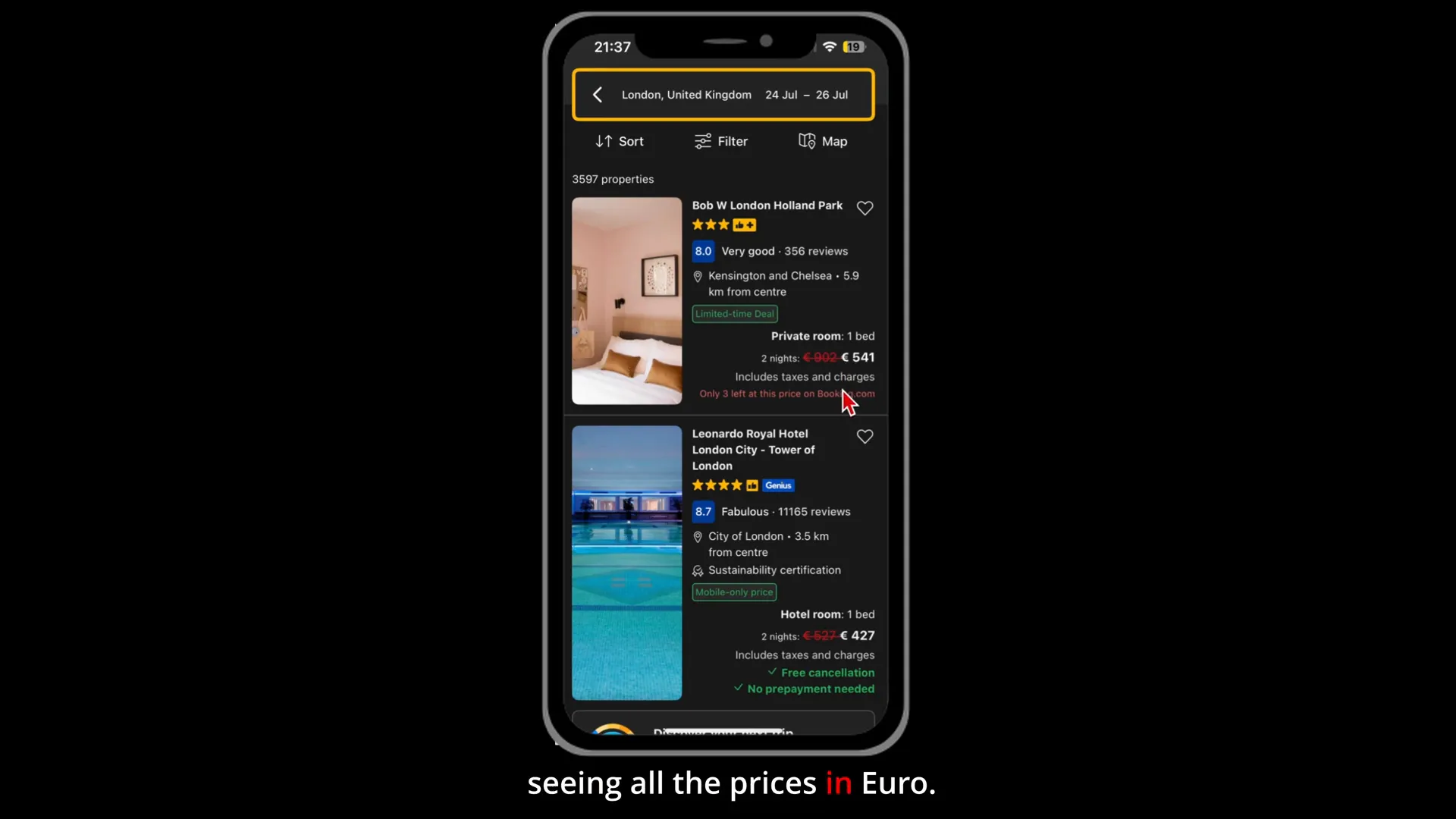 Book your London stay in seconds—compare hotel prices in euros, all from your smartphone.