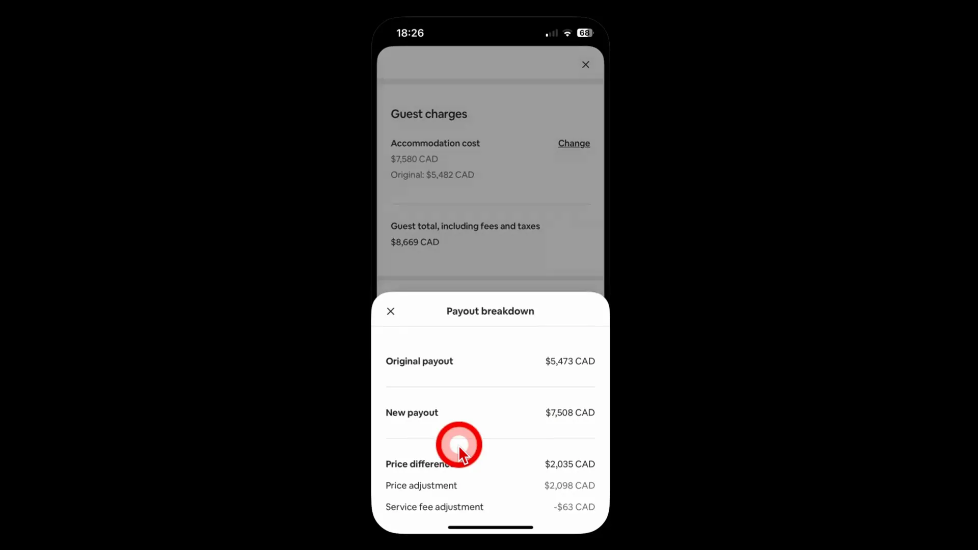 Viewing the breakdown of charges in the Airbnb app