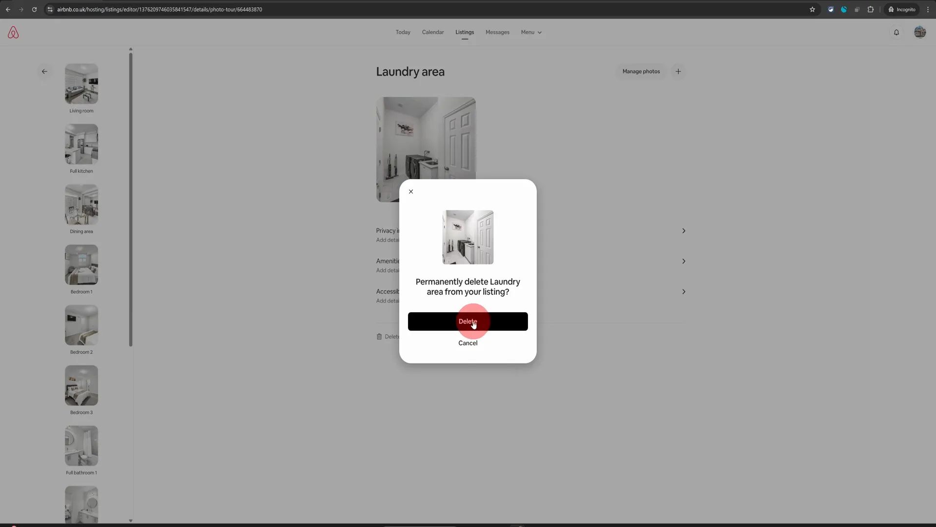 Confirmation for deleting room on Airbnb