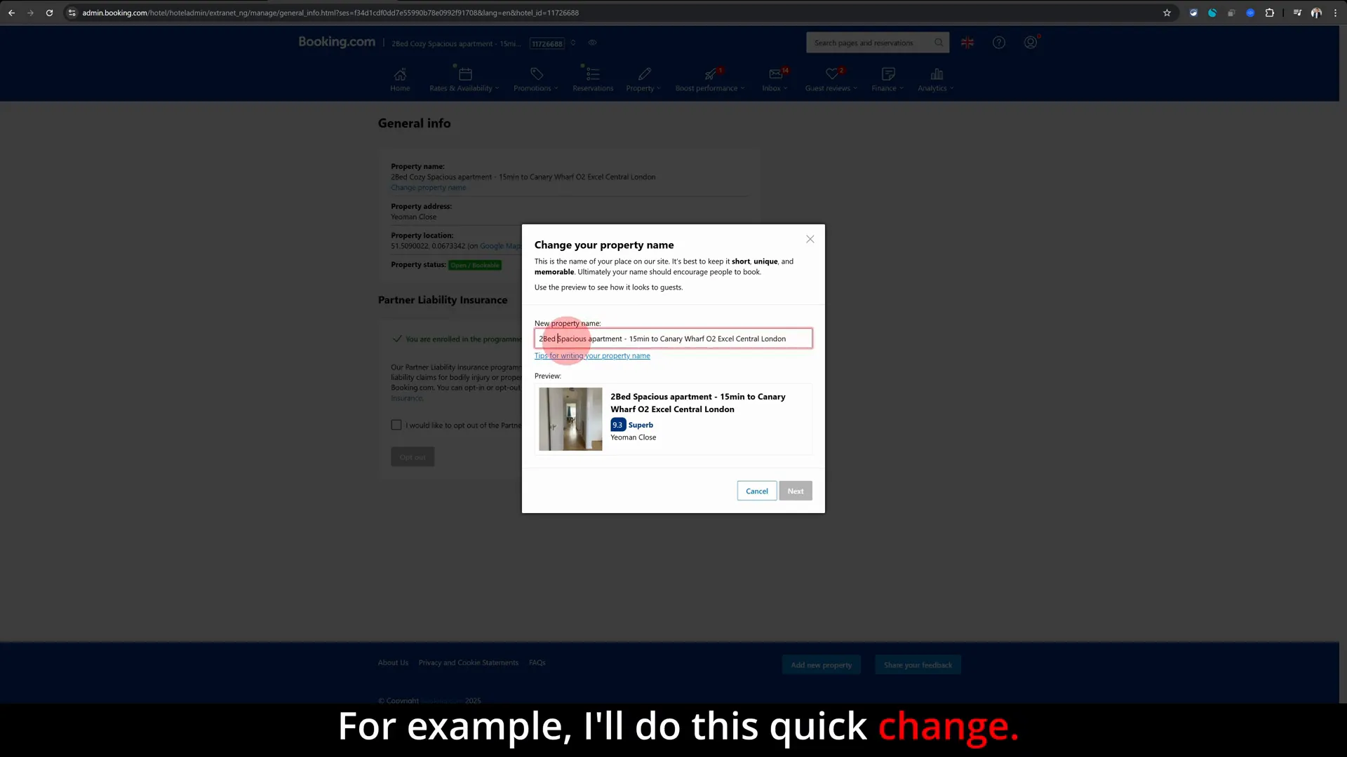 New property name input field on Booking.com extranet