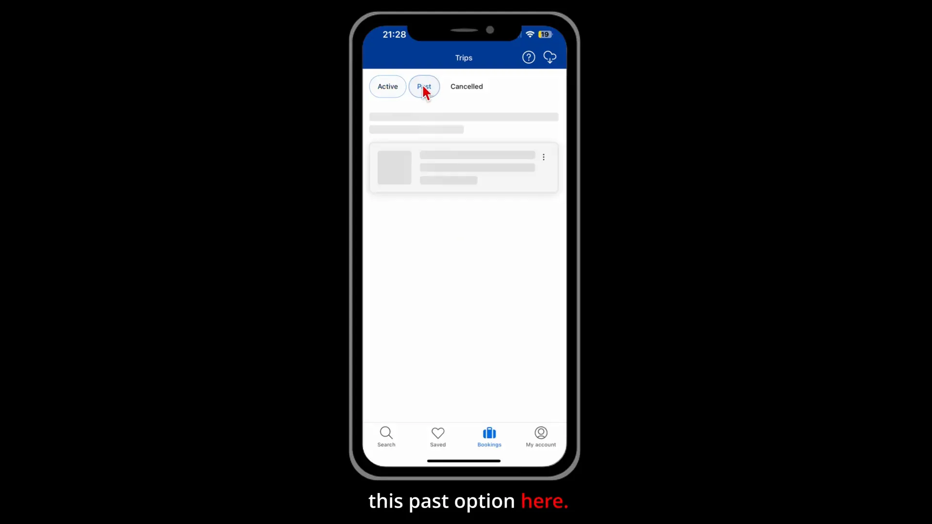 Booking.com app showing the 'Past' bookings option