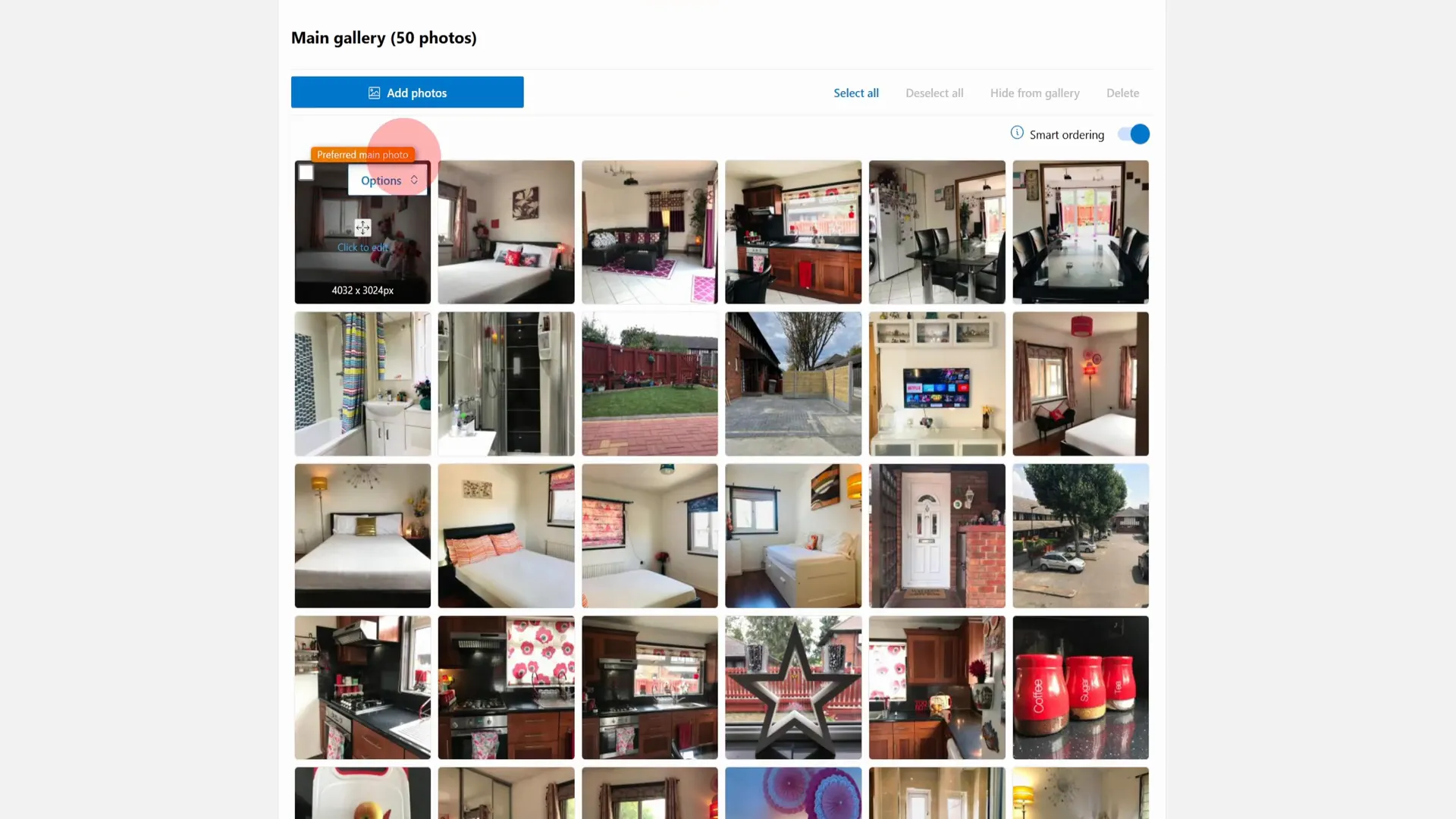 Booking.com photo gallery showing the preferred main photo icon