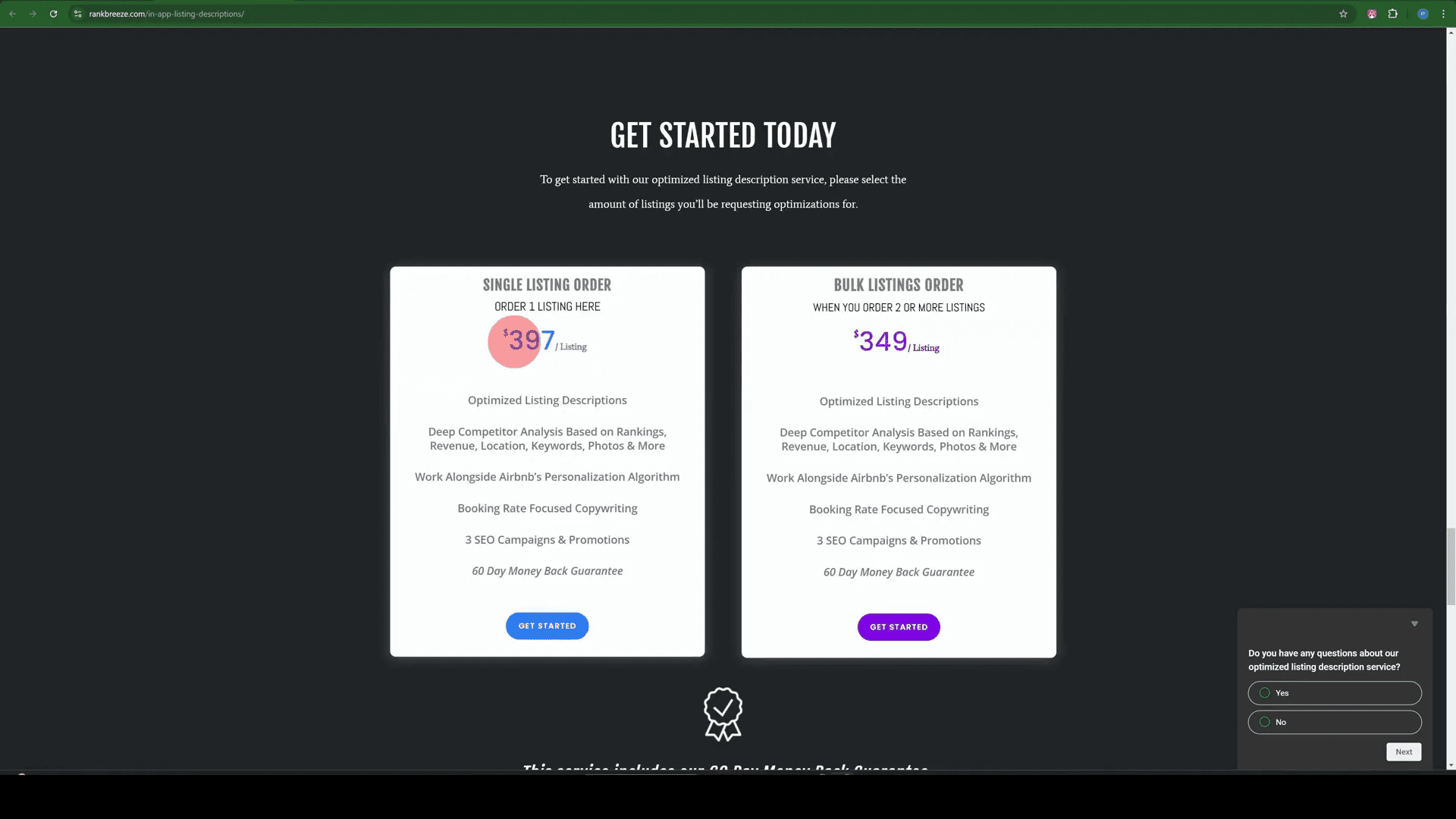 Rankbreeze Pricing Plans Screenshot