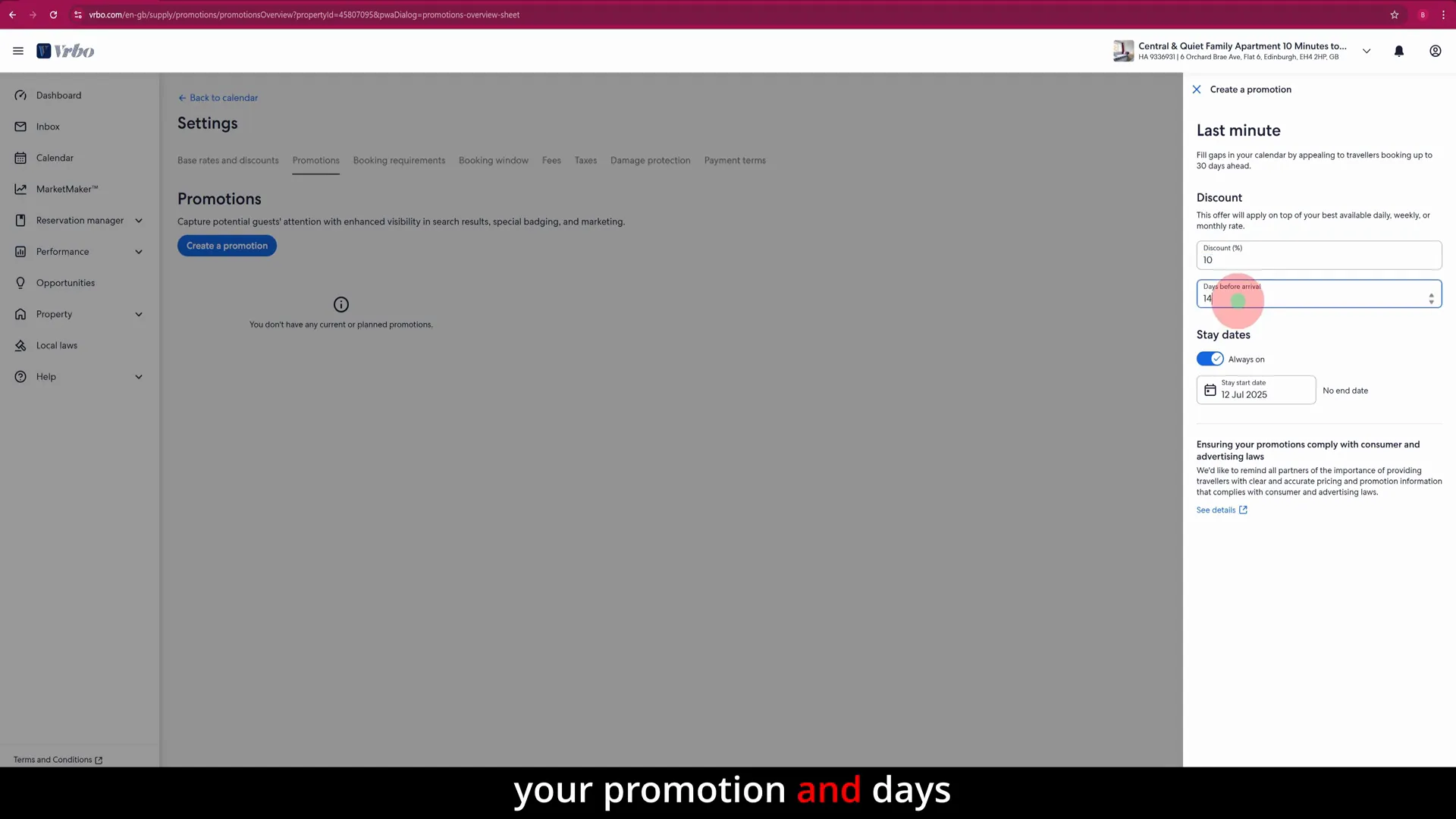 Configuring last-minute discount and days before arrival