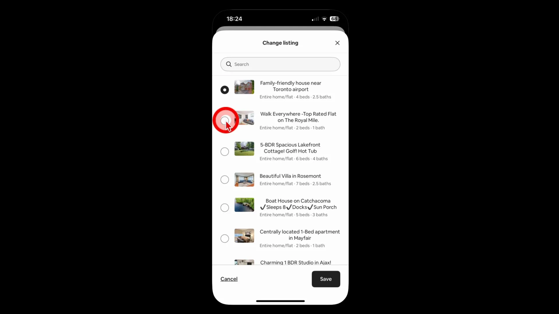Changing the property in the Airbnb app