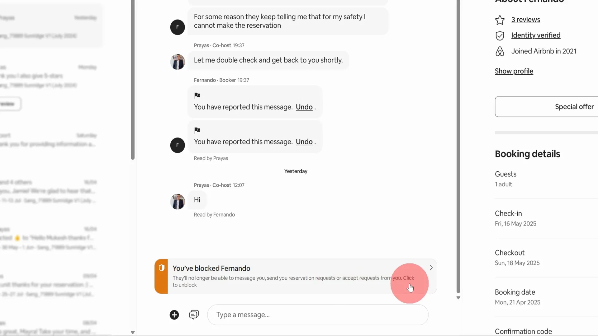 Unblocking a user on Airbnb