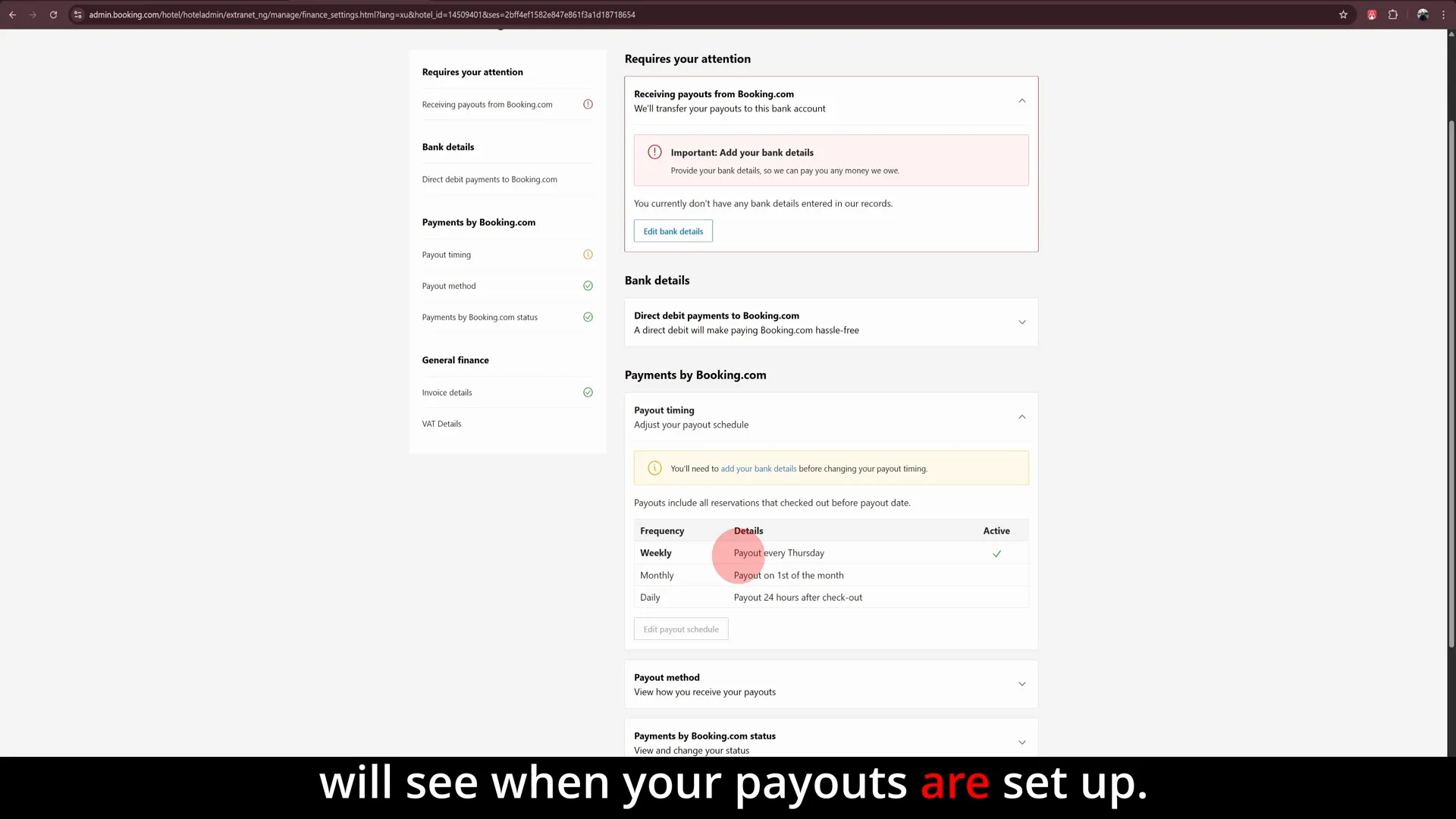 Payout timings option in Booking.com finance settings