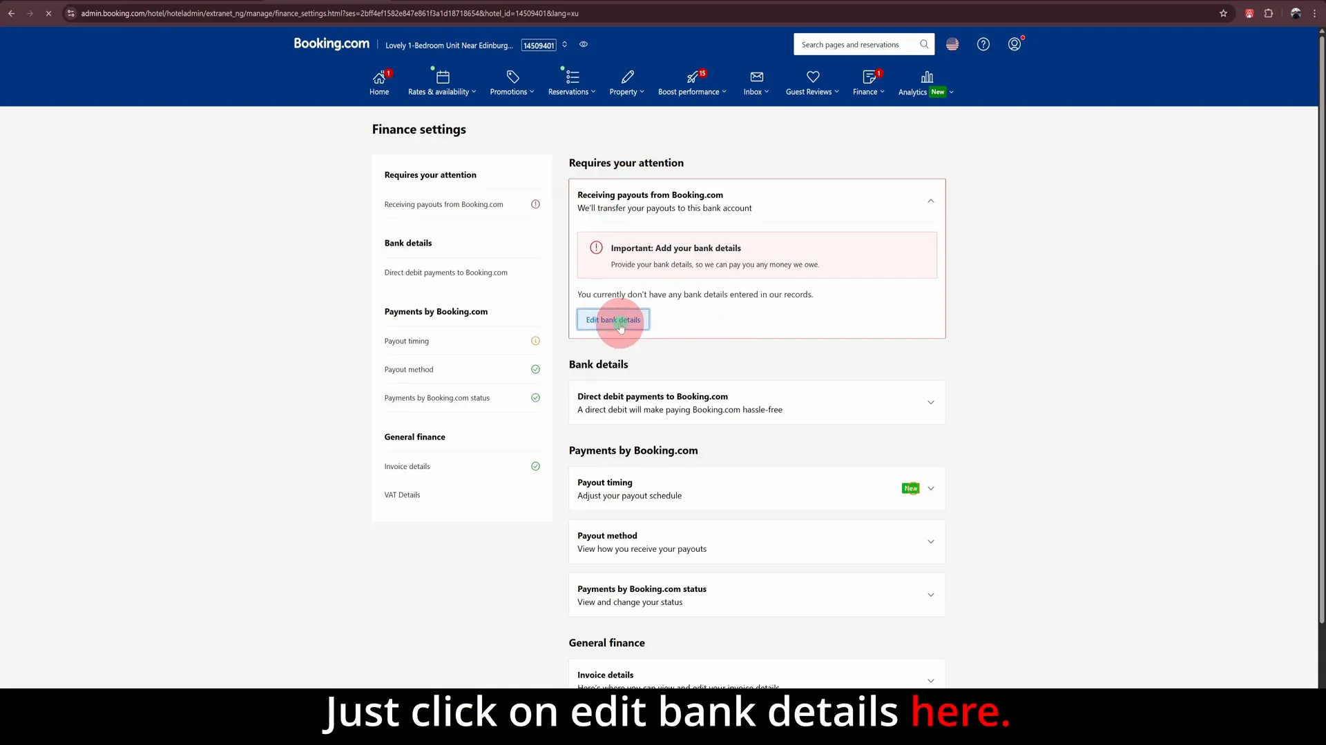 Edit bank details button on Booking.com extranet