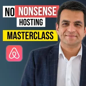 Airbnb Hosting A man in a suit stands next to text that reads "No Nonsense Hosting Masterclass" with the Airbnb logo below, while standing to the side of a minimalist bar.