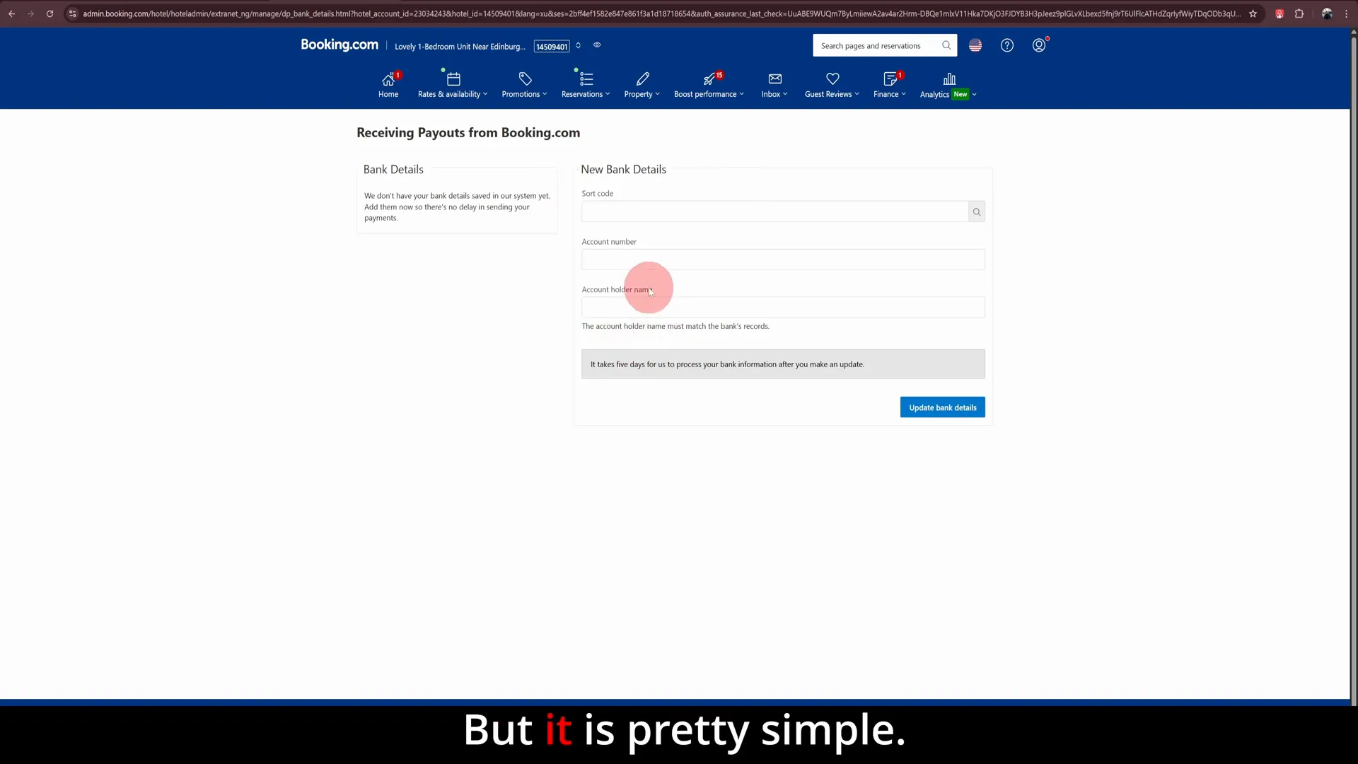 Bank details entry screen with sort code and account number fields