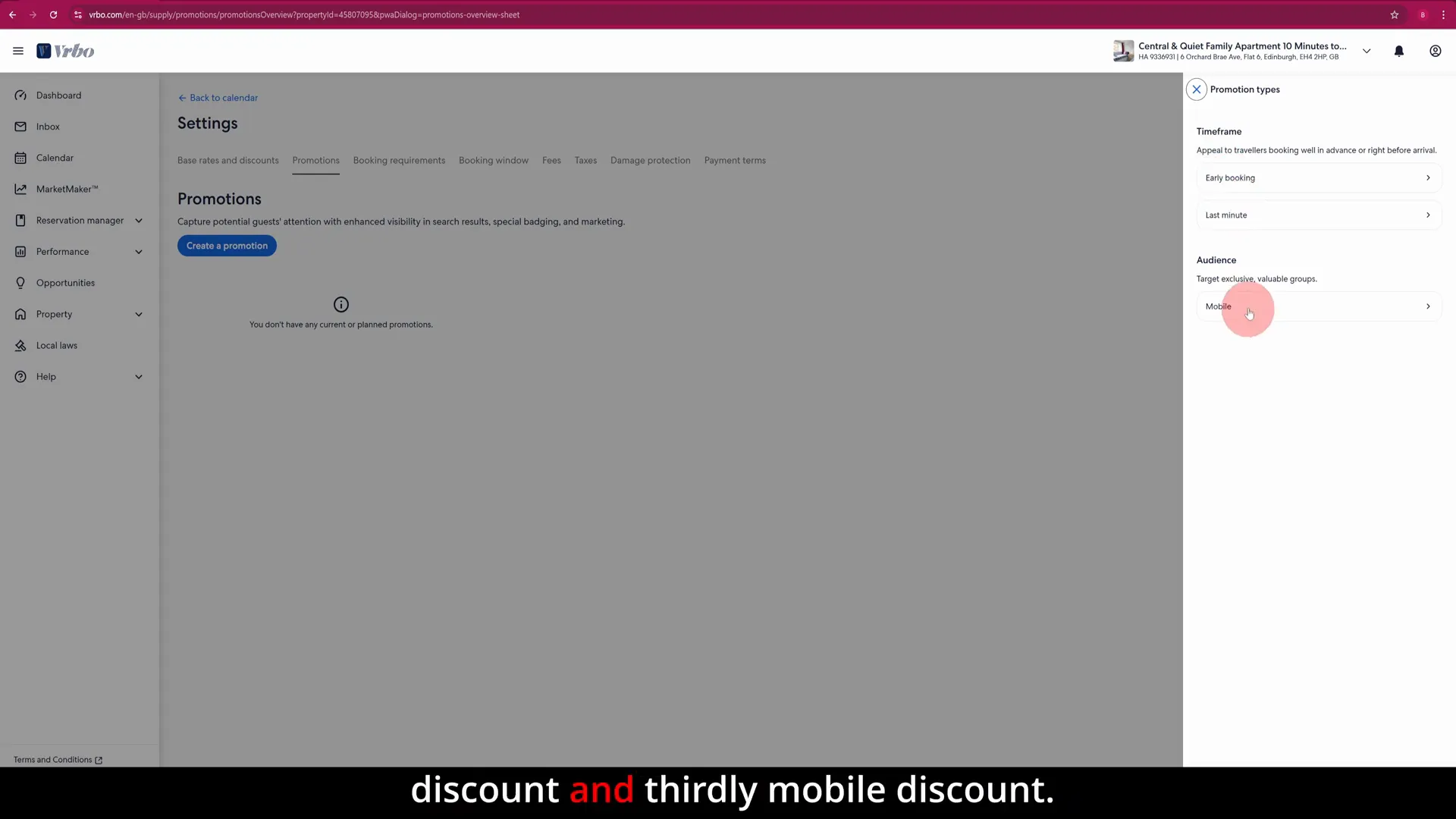 VRBO promotions creation screen showing three discount options