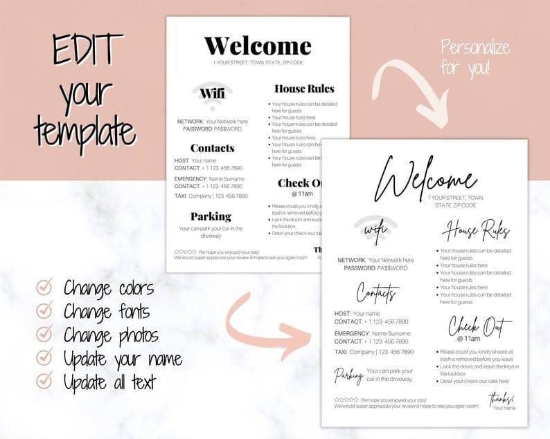 Airbnb Hosting A wedding menu template with the Airbnb Welcome Sign Wifi Details House Rules Template for Airbnb Hosting.