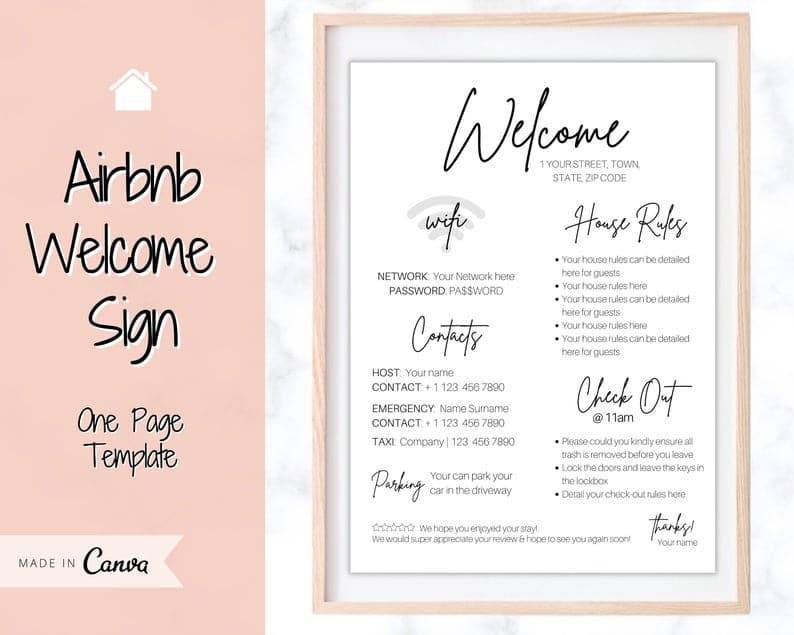 Airbnb Hosting A wood-framed Airbnb Welcome Sign Wifi Details House Rules Template.