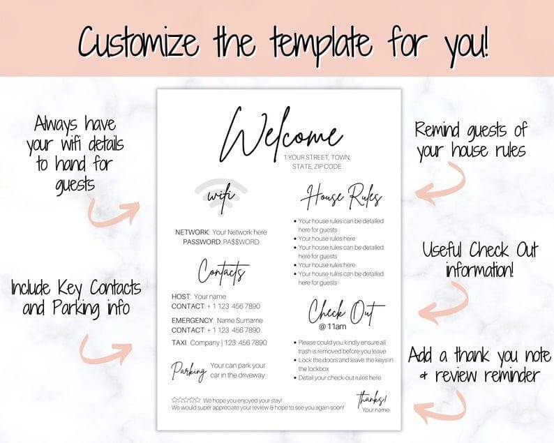 Airbnb Hosting A customizable Airbnb Welcome Sign Wifi Details House Rules Template perfect for Airbnb hosting.