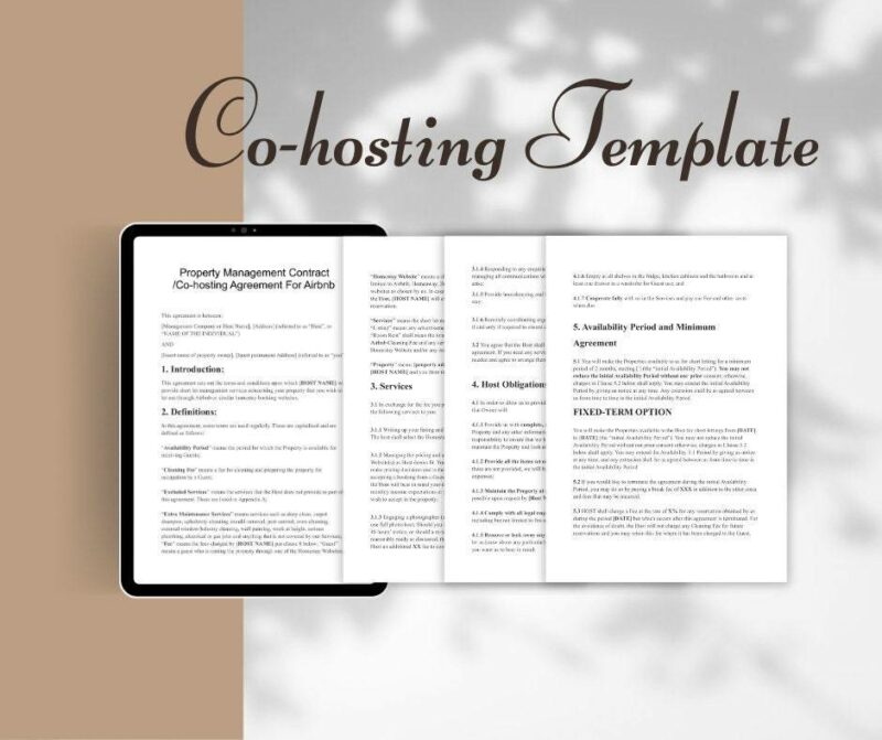 A co-hosting template image displays a digital tablet featuring the "Property Management Contract Template Short Term Reservations Holiday Home Rental Lease Co-Host Agreement Sample Editable Airbnb VRBO," with multiple pages of detailed text.