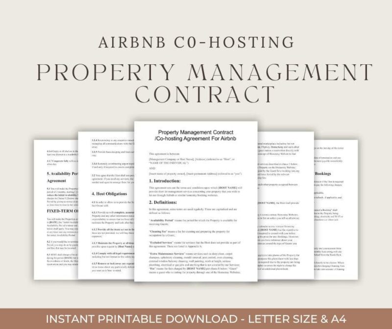 Image of the Property Management Contract Template, ideal for short-term holiday home rentals. The document, shown in five overlapping pages, is an instantly printable download available in letter size and A4 for Airbnb and VRBO hosts.