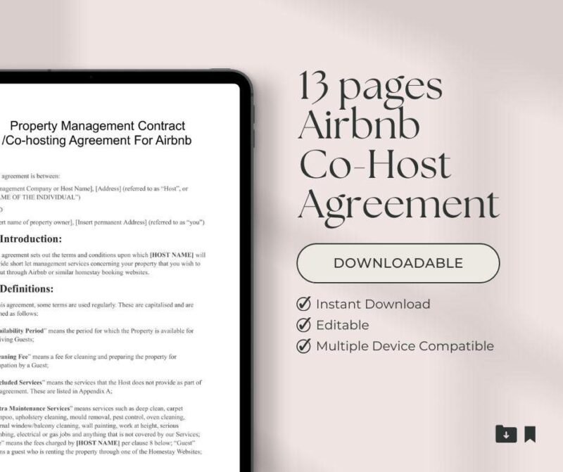 Image of a tablet displaying a 13-page Property Management Contract Template. Text highlights it as a downloadable, editable, device-compatible Co-Host Agreement—ideal for managing short-term reservations or needing a comprehensive property management contract.