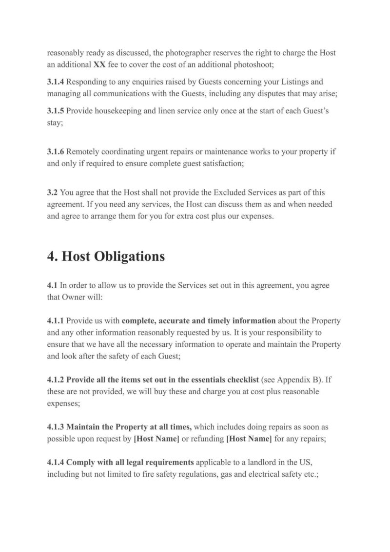 The Property Management Contract Template for short-term rentals outlines host obligations, including communication, legal compliance, and holiday home rental guidelines with clauses 4.1 to 4.1.4 to help Airbnb or VRBO hosts maintain standards effectively.