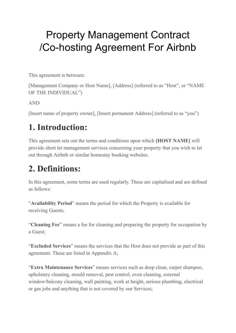 Text document "Property Management Contract Template Short Term Reservations Holiday Home Rental Lease Co-Host Agreement" offers Introduction and Definitions tailored for Airbnb/VRBO rentals, ensuring clarity in managing short-term reservations.