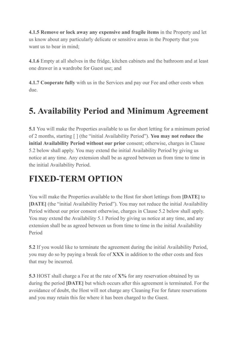 This is a partial document of the Property Management Contract Template for short-term reservations, holiday home rental, and co-host agreements. It includes clauses on item security, cleaning fees, availability period, minimum agreement duration, and fixed-term options for Airbnb-style management.