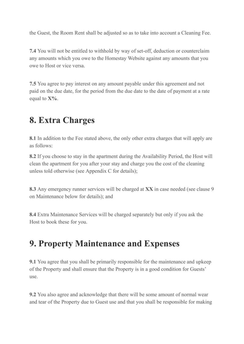 A document detailing terms for cleaning fees, extra charges, and property maintenance in an Airbnb agreement can be found within the "Property Management Contract Template Short Term Reservations Holiday Home Rental Lease Co-Host Agreement Sample Editable Airbnb VRBO.